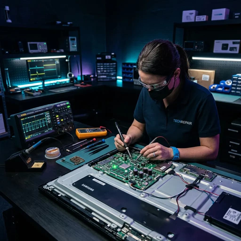 Dinesh Electronics TV repair engineer diagnostics workspace showing motherboards, panels and soldering tools